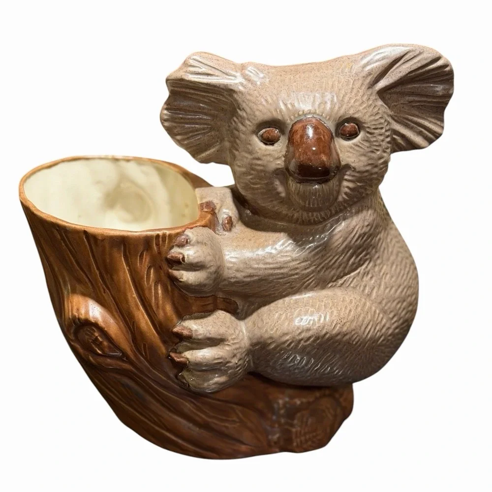 Vintage Koala Bear Planter Ceramic Tree Stump Cache Pot Kitschy Animal Decor